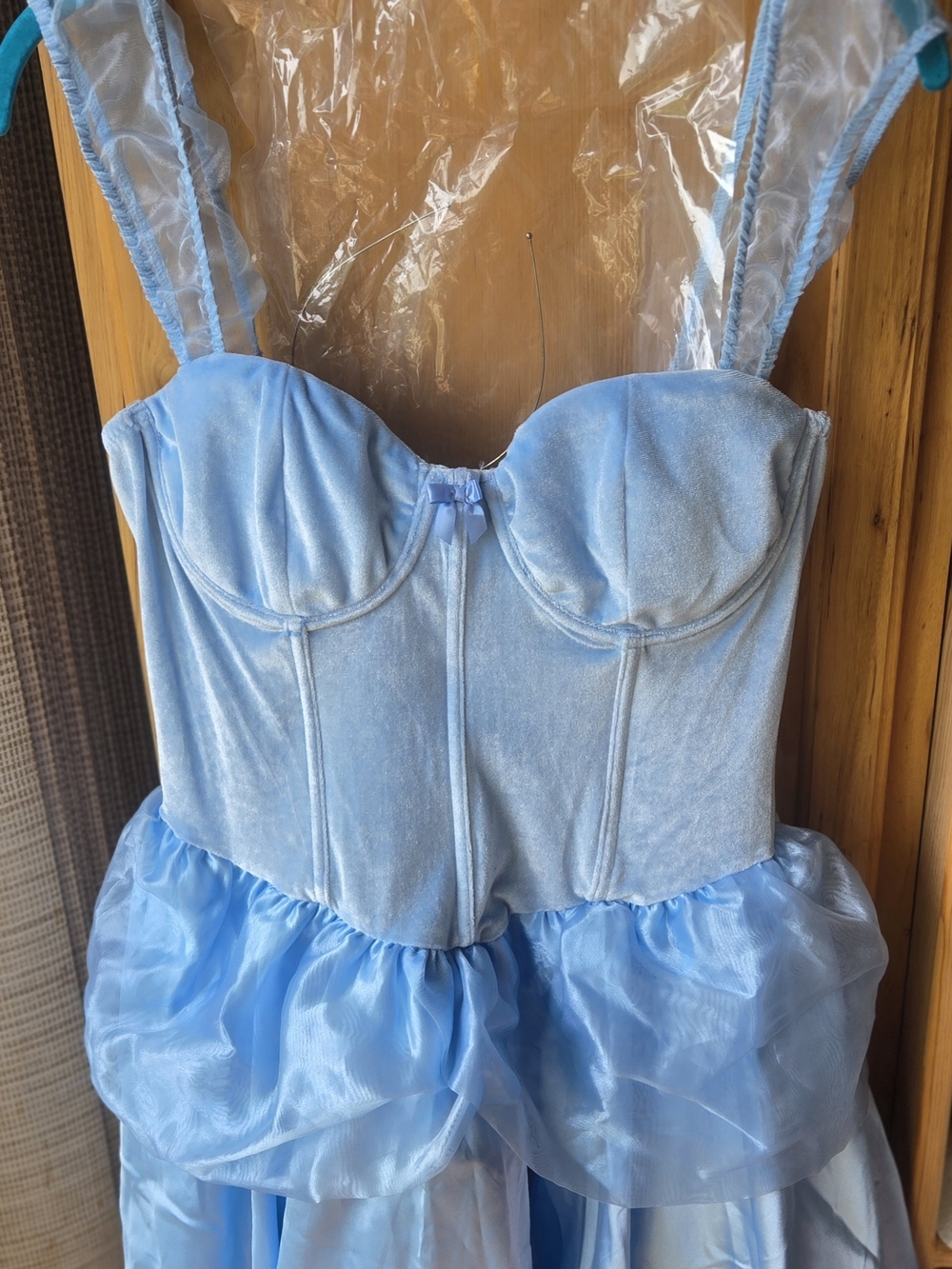Light Blue Velvet Bodice Mini Dress with Sheer Skirt Cinderella Dress